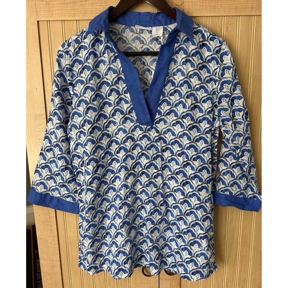 Sigrid Olsen 100% Linen Blouse Size Small Blue White Resort Wear Top Beach  NWT